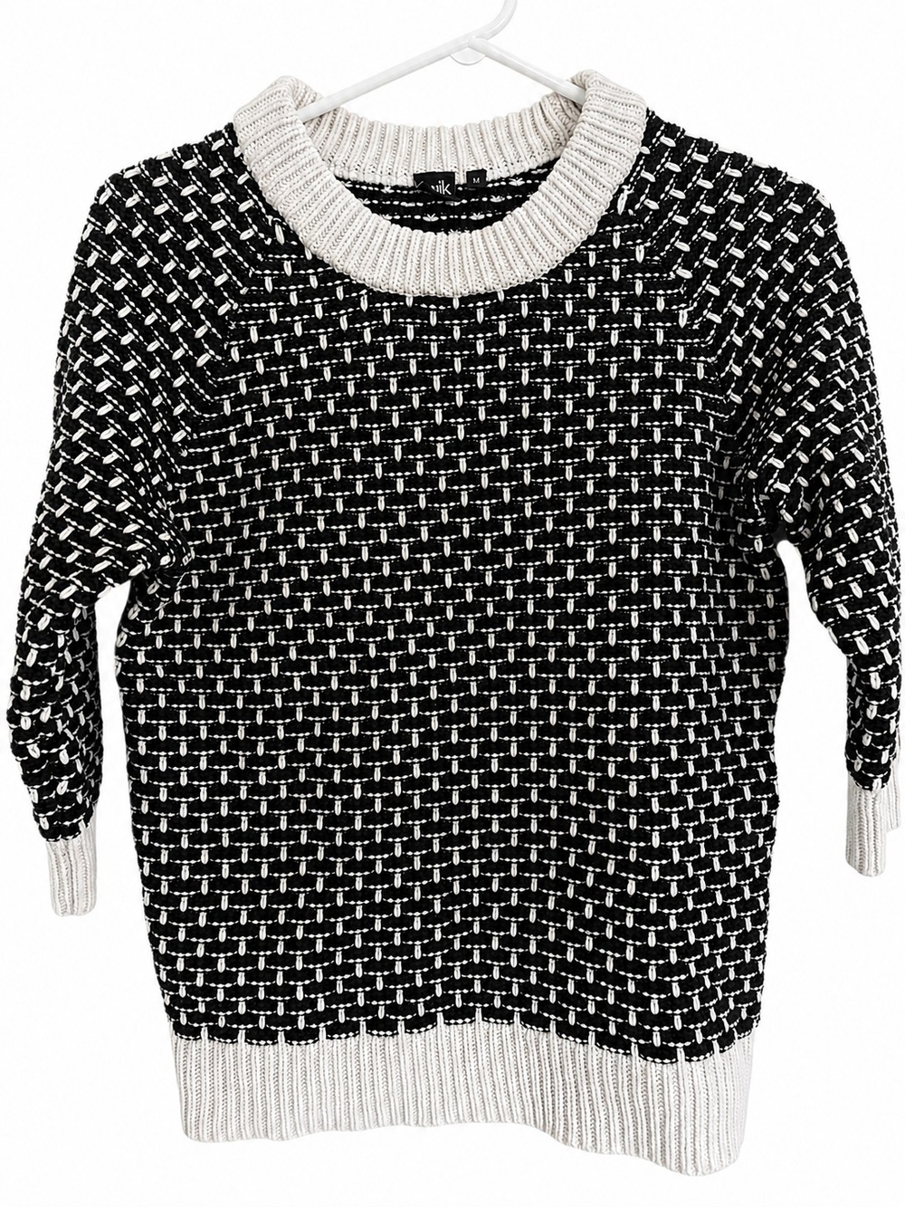 twik Black & White Textured Crewneck Sweater Half Sleeve Knit Chunky Fall Winter